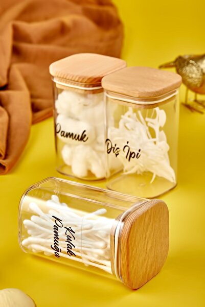 Carat Home 3'lü Ahşap Kapaklı Mika Kulak Pamuğu & Diş Ipi & Pamuk Organizeri 250ML