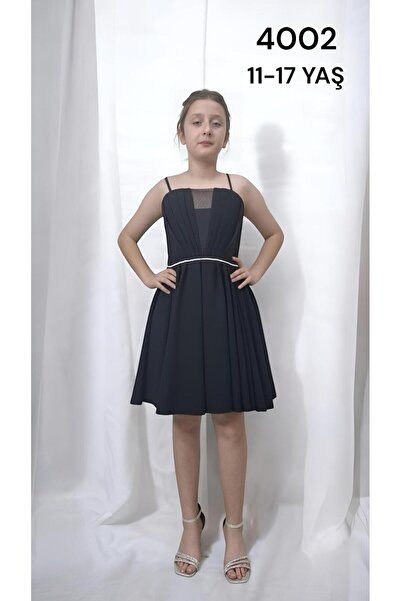 modallita Kız Çocuk Abiye Siyah Krep Kumaş Askılı Drapeli Beli Örgü Taş Detay...