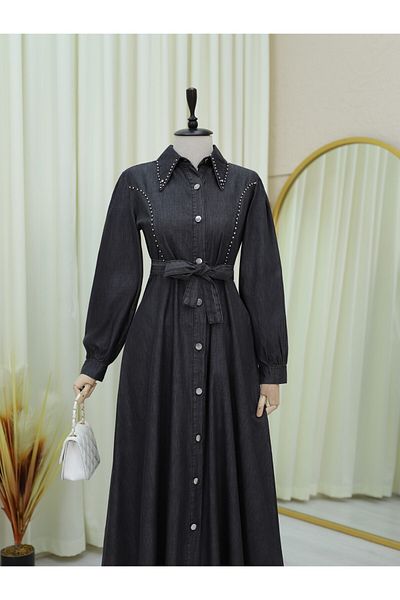 Modamorfo Buttoned Beaded Denim Dress with Tie at the Waist - Anthracite