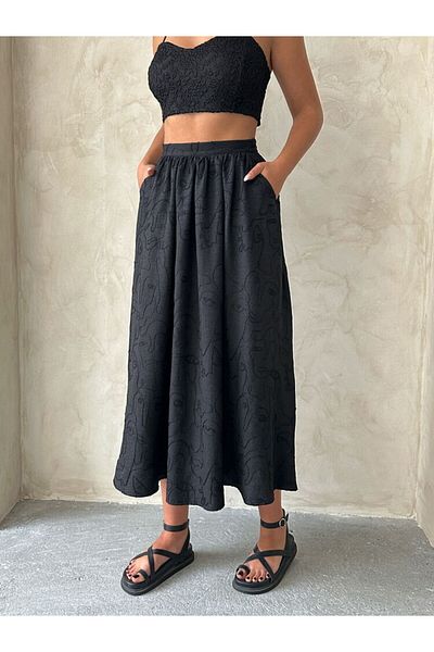 HARVESSE Black Embroidered Linen Skirt Offering Modern Elegance