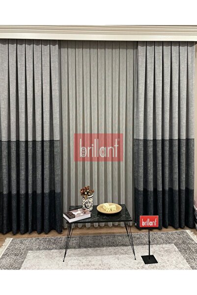 Koral Brillant Keten Fon Perde ( 2 Kanat ) /sık Pile /siyah-gri Tonları / Yeni Sezon