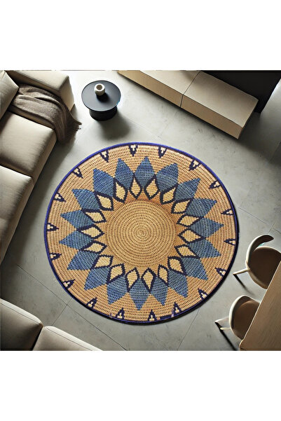 Rugs Modern Halı Alya Koleksiyonu Jüt Görünümlü Mavi Detaylı Dokuma Taban Dek...