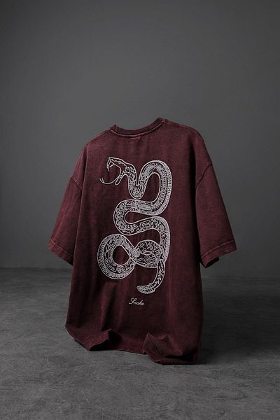 Slatra Ανδρικό μπλουζάκι με κέντημα μπορντό Snake, ειδικό πλυμένο ύφασμα Oversize