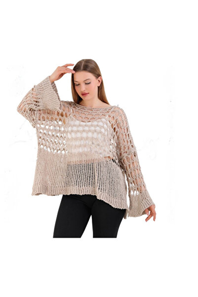 Fibula Bohem ve otantik tarz standart beden merserize file desenli triko bluz