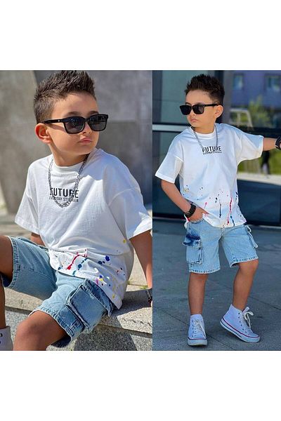 sinmm Boy's Pocket Detailed Denim Shorts T-Shirt Top-Down Set Ymn11