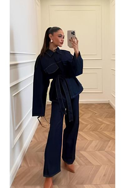 Perryes Women's Tie-Up Denim Suit Oversize Jacket and Pants