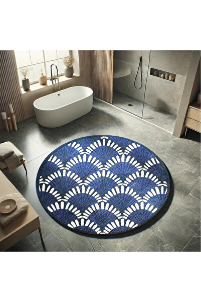 Rugs Modern Halı Alya Koleksiyonu Koyu Mavi Detaylı Dokuma Taban Yuvarlak Dek...