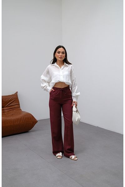 veres Women's Burgundy Linen High Waist Wide Leg Waist Lace up Palazzo Summer Pants