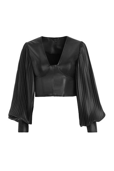 Guess Tricou dama LS LANI PLEATED PU T, negru