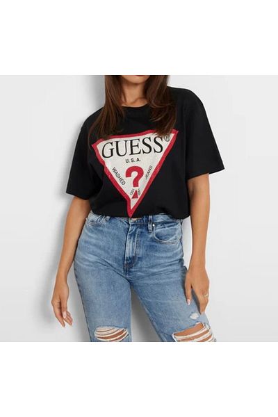 Guess GUESS SS CN SHINY TRIANGLE women's t-shirt, black