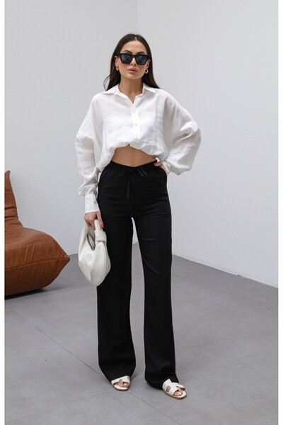 veres Γυναικείο μαύρο λινό ψηλόμεσο φαρδύ πόδι με κορδόνι Palazzo καλοκαιρινό...