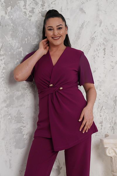 ZISHAN Double Breasted Neckline Button Detail Chiffon Sleeves Plus Size Evening Dress Suit 023