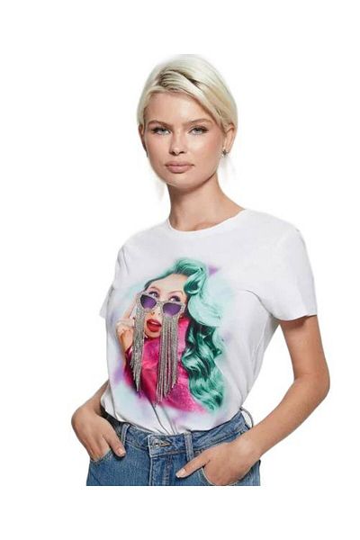 Guess SS FRINGE GLASSES EA tricou dama alb