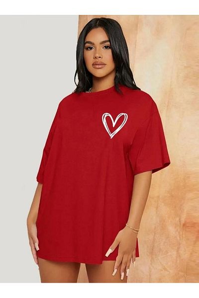 woonkey Women's Oversized Heart Printed Crew Neck Tee