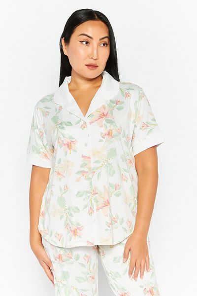 Flora Women 2 Pcs L Print Top And Bottom Pajama Set, White/green Combo