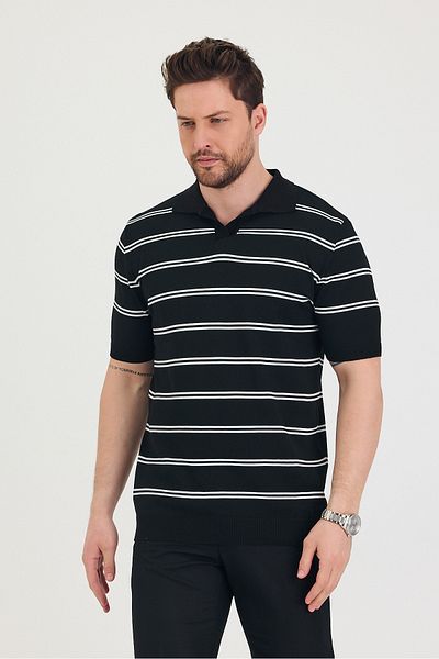 Tarz Cool Tricou tricot negru cu gât polo alb cu linie dublă