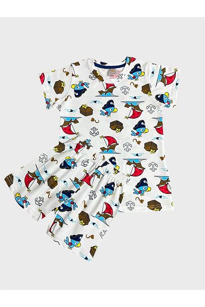 elmas kids Set de pijamale de vară pentru băiat, 100% bumbac, alb, cu model de pește, cu mâneci scurte