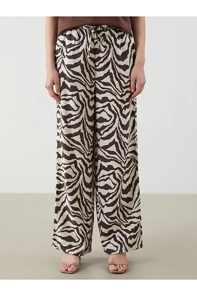 LC Waikiki Lcw Modest Brown Elastic Waist Patterned Wide Leg Women's Trousers