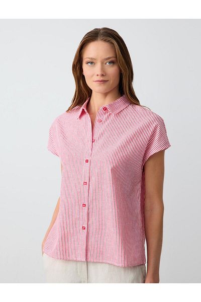 Jimmy Key Red Relaxed Fit Short Sleeve Line Patterned Linen Shirt