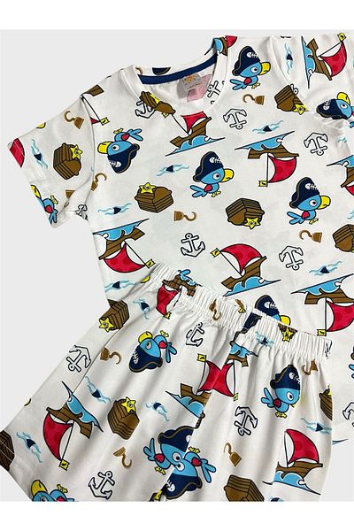 elmas kids Set de pijamale de vară pentru băiat, 100% bumbac, alb, cu model de pește, cu mâneci scurte