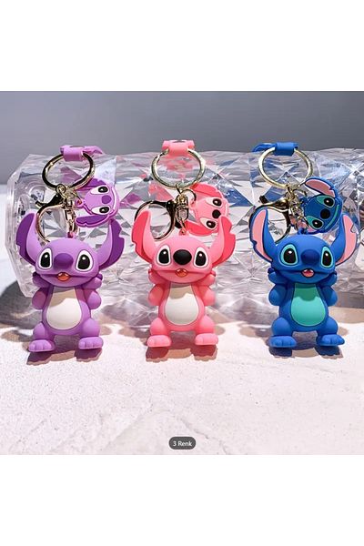 Bizde Ne Yok ki Stitch Keychain Pink, Blue, Purple, 3D Large Size Stylish Silicone Anime Character Bag Ornament 3Pcs