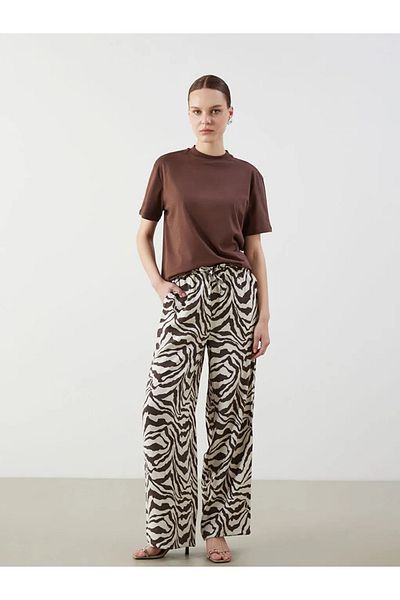 LC Waikiki Lcw Modest Brown Elastic Waist Patterned Wide Leg Women's Trousers