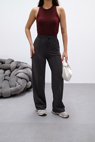 veres Kadın Füme 2 İplik Yüksek Bel Beli Kordonlu Çımalı Bol Paça Mevsimlik Eşofman Altı