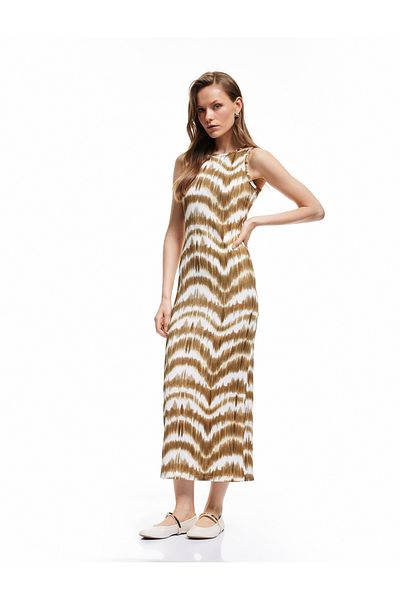 Koton Bürümcük Fabric Tie Dye Print Crew Neck Sleeveless Long Bodycon Pencil Dress