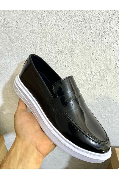 MerlitShoes Pantofi ușori pentru bărbați din piele lăcuită cu talpă albă