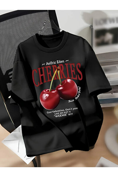 Revasser Unisex Erkek/Kadın CHERRIES Özel Baskılı Oversize Pamuklu Bisiklet Yaka T-Shirt