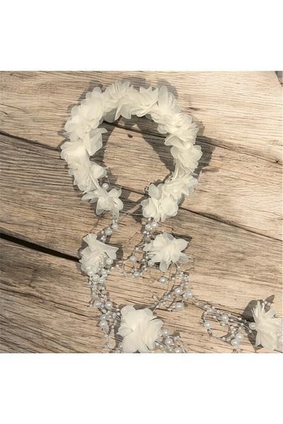 SavBrand White Furry Pearled Maternity Slippers and Floral Crown, Women's Maternity Set