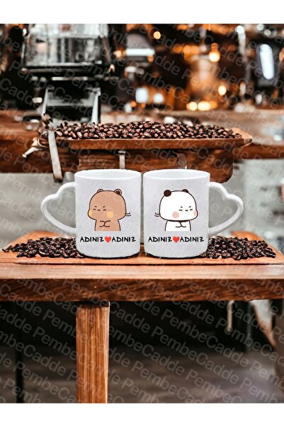 PembeCadde 2'li Kalp Kulplu Hediye Kupa Sevgili Günü Bubu Dudu Aşk Doğum Günü Kupa Özel Kahve Bardağı