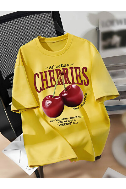 Revasser Unisex Erkek/Kadın CHERRIES Özel Baskılı Oversize Pamuklu Bisiklet Y...