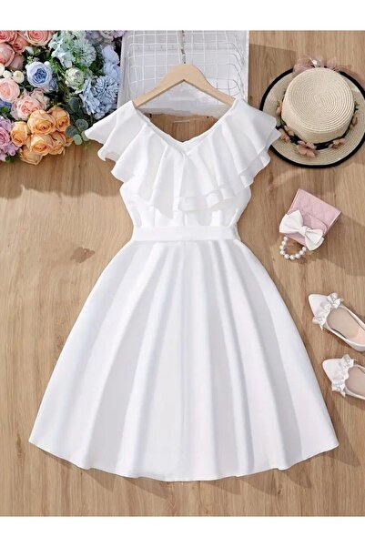 shop Rochie albă cu design special, cu textură de țesătură simplă, pentru vară