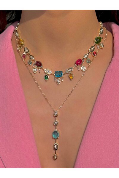 h&b design jewel Çelik Mavi Taşlı Y Kolye