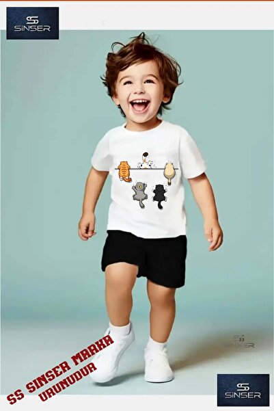 SS SİNSER Tricou cu gât rotund cu imprimeu special pentru copii KEDI 5LI CIZG...