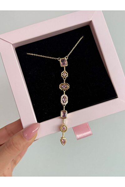 h&b design jewel Çelik Pembe Renkli Baget Taşlı Kolye