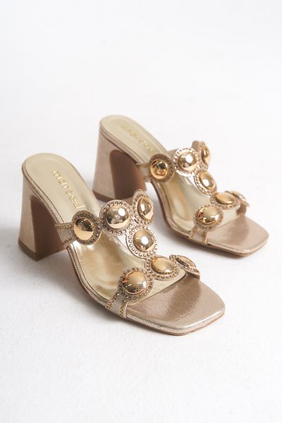 MARSEDO Women's Heeled Trop Evening Dress Slippers, Gold Color