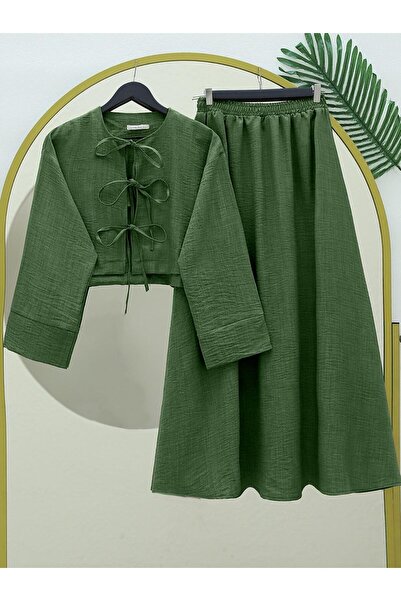 MACMODA Linen Suit with Lace-Up Front and Elastic Waist Skirt