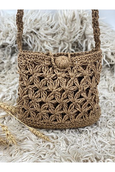 PACHİRA Mesh Shoulder Bag with Paper Rope Straw Strap - Phone Bag