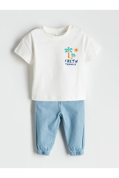 LC Waikiki Lcw Baby Ecru Embroidered Baby Boy T-Shirt and Pants 2 Pack t t