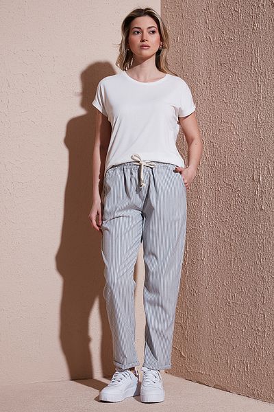 Fashion Friends Comfortable Elastic Striped Trousers Gray