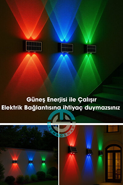 TechnoSmart 2Adet Güneş Enerjili Çift Taraflı 4 Ledli Aplik RGB Işık Duvar Lambası Bahçe Aydınlatma