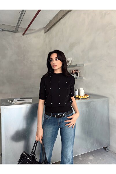 novalook Soğuk İplik İncili Saç Örgü Şeritli Kısa Kol Bluz