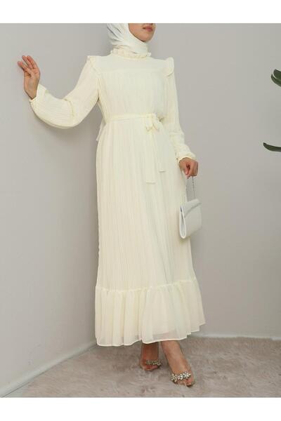 MACMODA Önü Robalı Kolları ve Bedeni Piliseli Elbise