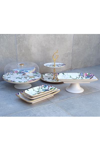 Pinkev 6 Piece Bird Pattern Ceramic Cake Presentation Plate Set