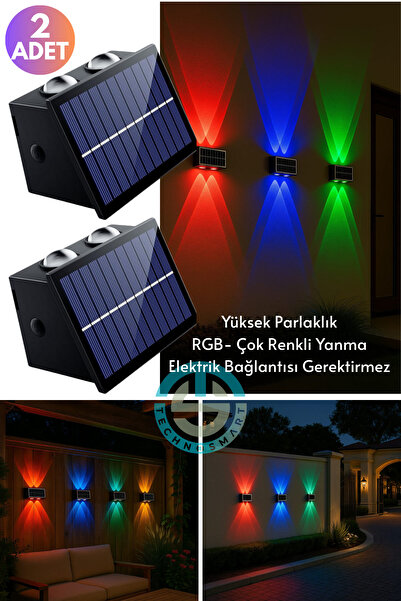 TechnoSmart 2Adet Güneş Enerjili Çift Taraflı 4 Ledli Aplik RGB Işık Duvar Lambası Bahçe Aydınlatma