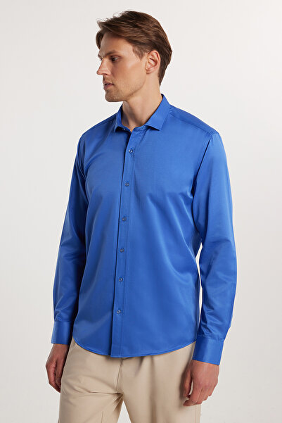 Tudors Modern Slim Fit Uzun Kollu Düz Saten Pamuklu Erkek Sax Mavi Gömlek