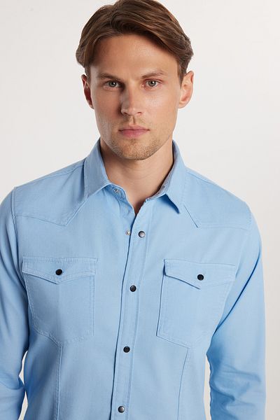 Tudors Slim Fit Μακρυμάνικο Casual Τζιν Τζιν Ανδρικό Μπλε πουκάμισο