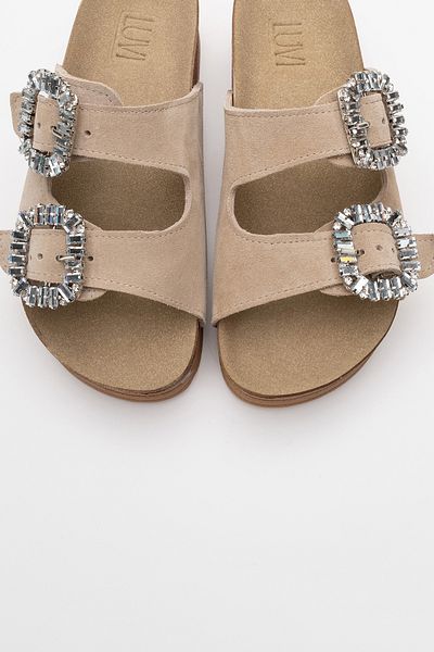 LuviShoes POLACCA Papuci de damă cu talpă groasă din piele naturală cu bandă dublă din piele de căprioară bej